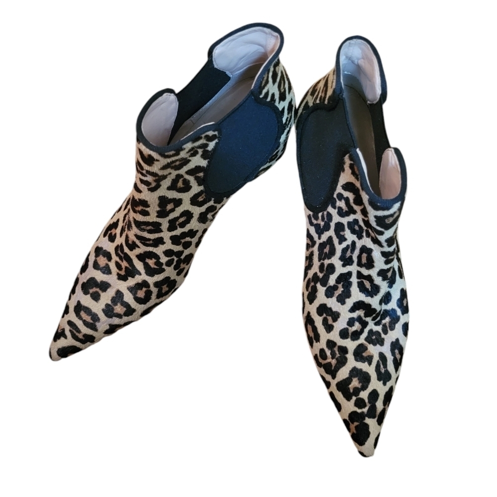 Zara Chunky Heel Calf hair Leopard ankle pull on Bootie Boho Western Cowboy
